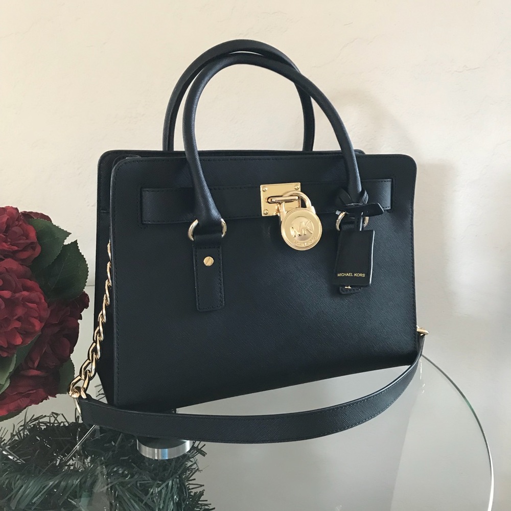 Michael Kors Hamilton Black Leather Satchel Bag - Picture 2 of 8